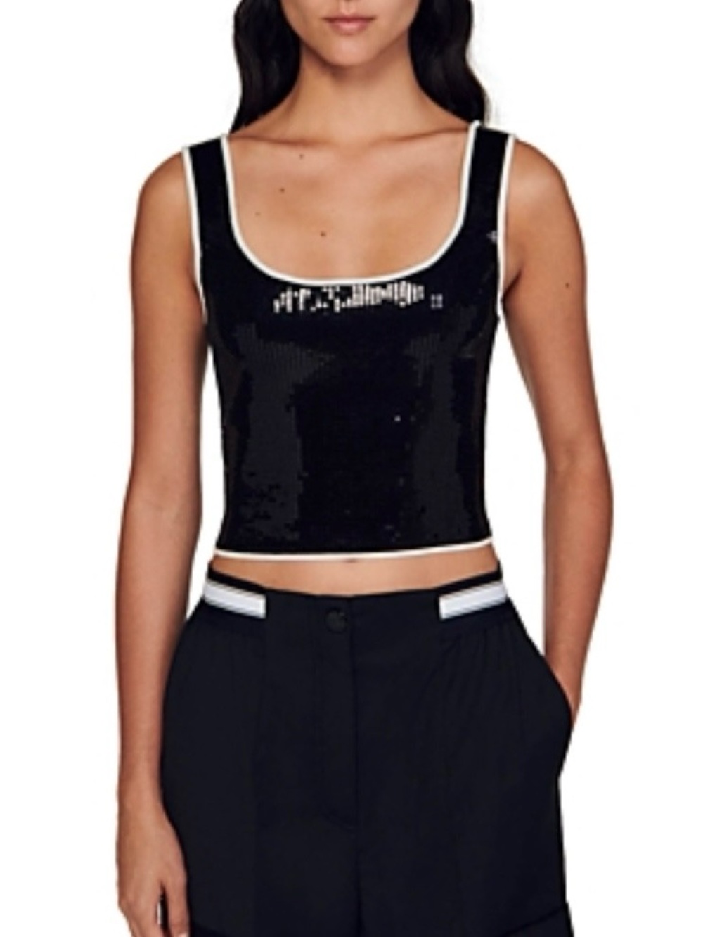 NEW Sandro Minuit Black Sequin Embellished Cropped Tank Top size 2